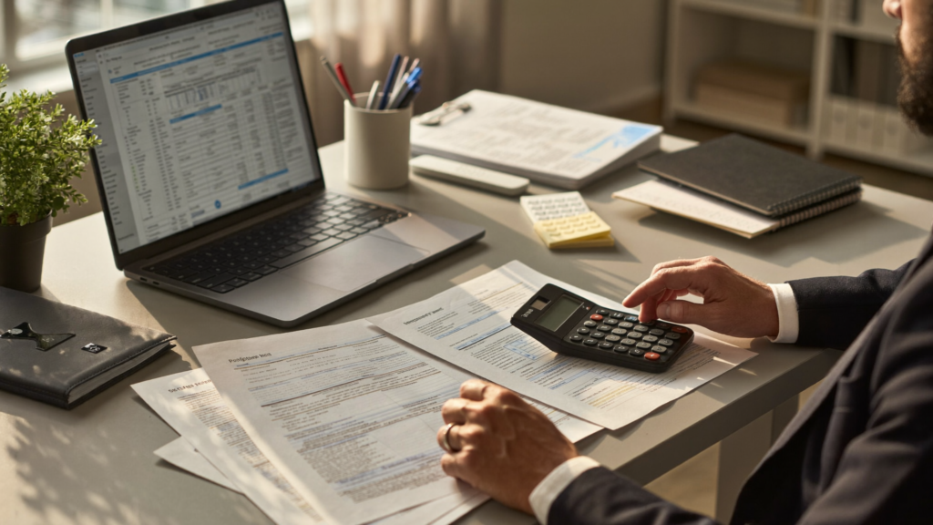 An accountant reviewing tax documents and using a calculator at an office desk