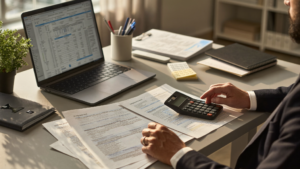 An accountant reviewing tax documents and using a calculator at an office desk