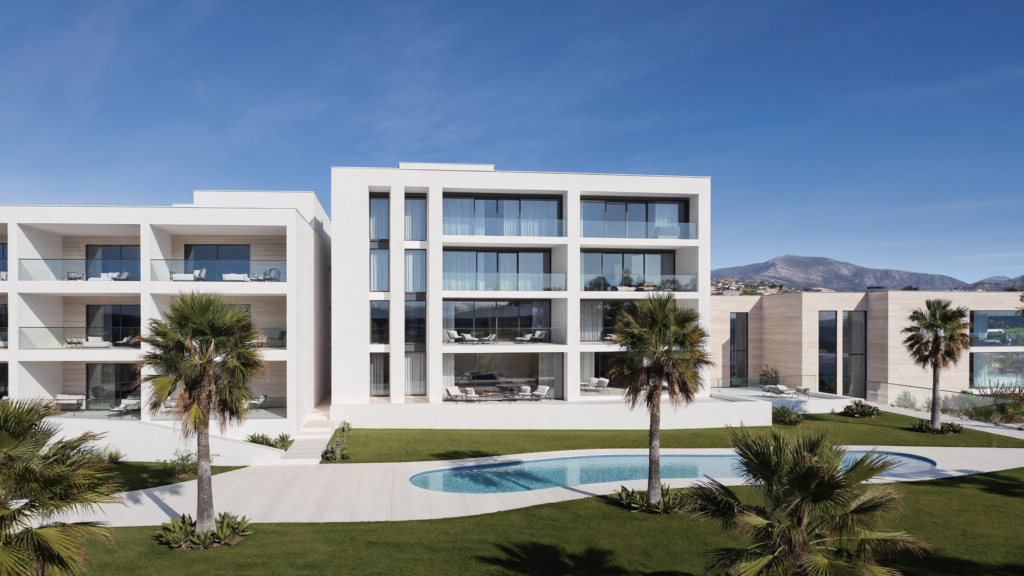 A modern new-build residential development in Marbella with pool, palm trees and sea view