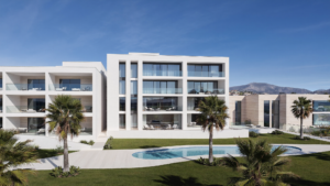 A modern new-build residential development in Marbella with pool, palm trees and sea view