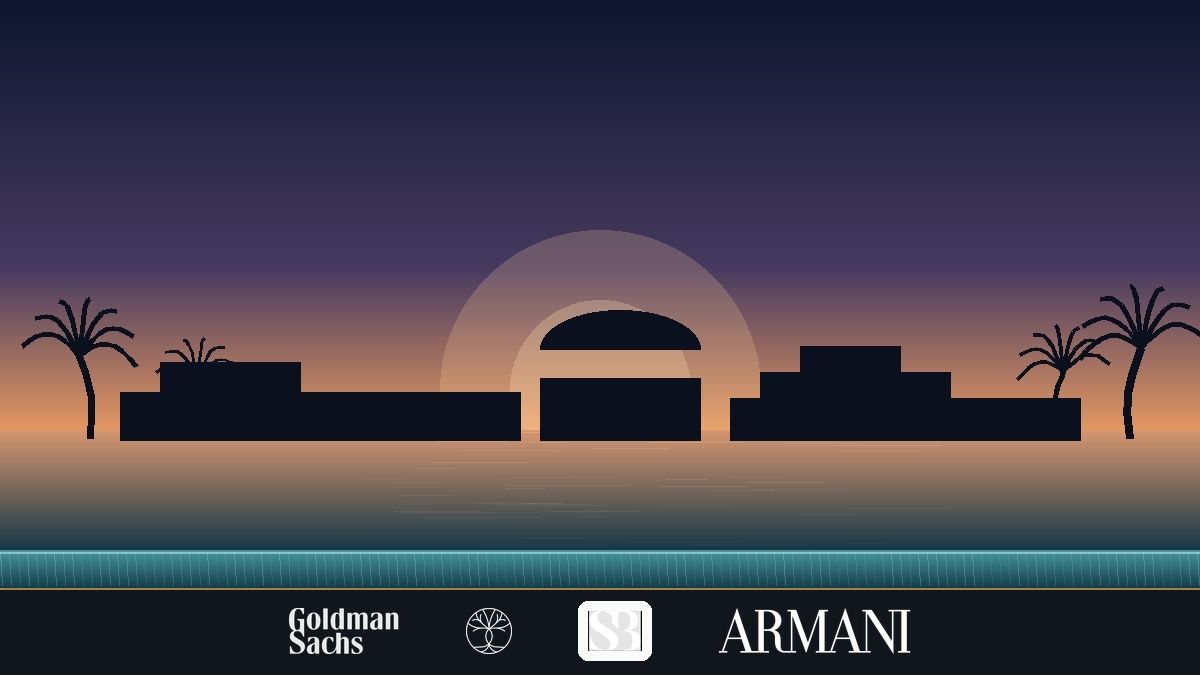 Illustration of a Marbella skyline at sunset with the Goldman Sachs, Armani and Sierra Blanca logos